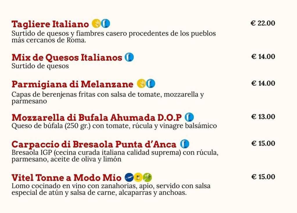 Entrantes restaurante italiano Bétera